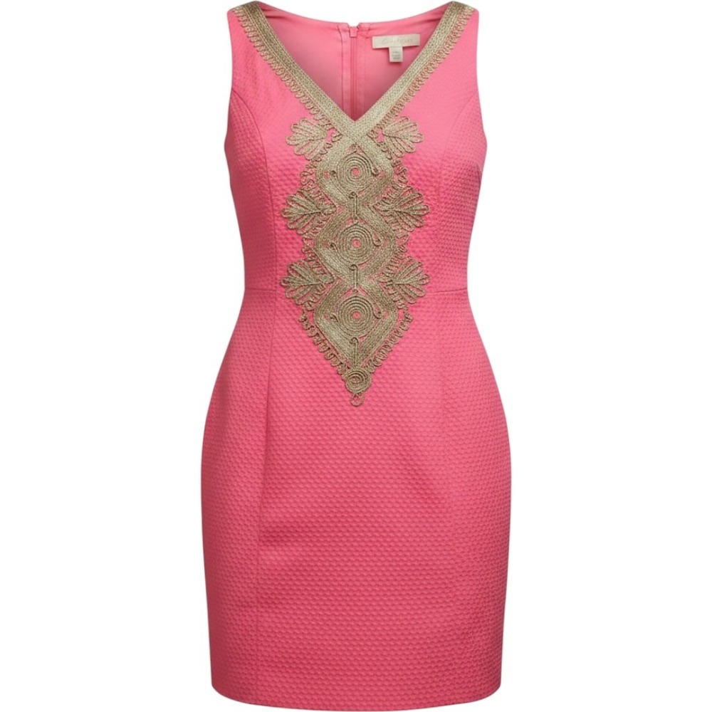 Lilly‎ Pulitzer Pink Seersucker Gold Soutache Embroidered V-Neck Shift Dress 0